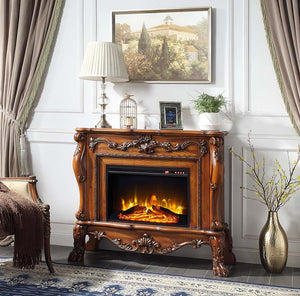 Add warmth and comfort to any room in your home with the impressive Dresden fireplace in a cherry oak finish. The grand fireplace features floral moldings throughout the piece. Sitting on carved claw feet or added elegance. The fireplace features a touch 