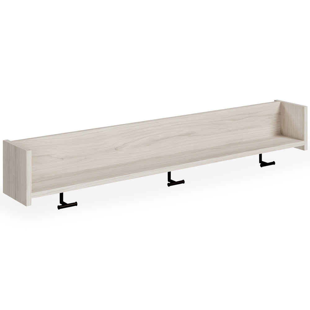 The sleek, minimalist look of this wall-mounted coat rack is fashionably contemporary and easy to integrate in a variety of living spaces. Three sturdy hooks and a spacious shelf are your new go-to spot for hats and scarves or displays. Whether by the fro