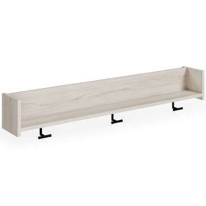 The sleek, minimalist look of this wall-mounted coat rack is fashionably contemporary and easy to integrate in a variety of living spaces. Three sturdy hooks and a spacious shelf are your new go-to spot for hats and scarves or displays. Whether by the fro
