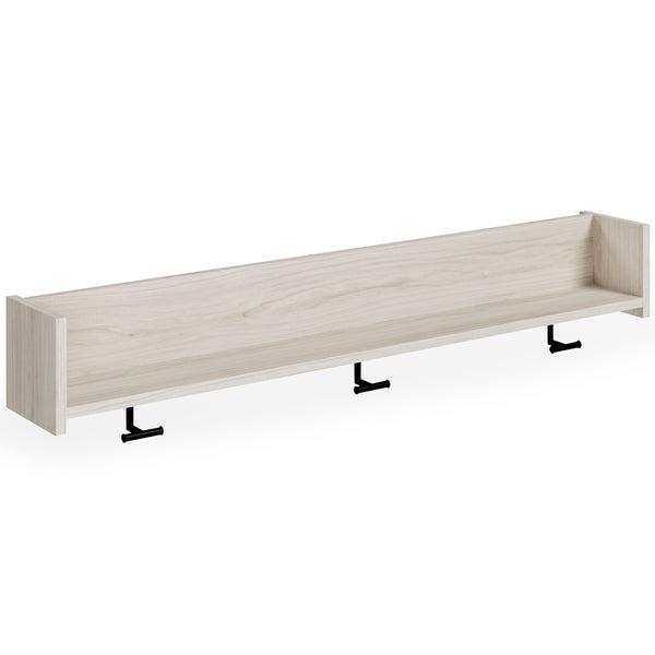 The sleek, minimalist look of this wall-mounted coat rack is fashionably contemporary and easy to integrate in a variety of living spaces. Three sturdy hooks and a spacious shelf are your new go-to spot for hats and scarves or displays. Whether by the fro