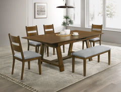 This dining group brings a blend of rustic charm and contemporary elegance to any dining space. Crafted from rich wood with a warm finish, it radiates an inviting feel thatâ€™s perfect for family gatherings and stylish entertaining. The sturdy table featu