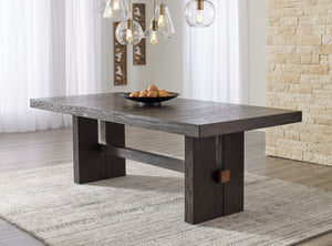  this simply stunning dining table offers a high-design look at a down-to-earth price. Ultra sleek lines are accentuated with a dark waxy brown oak-tone finish thatâ€™s so easy on the eyes. Clean-lined and modern