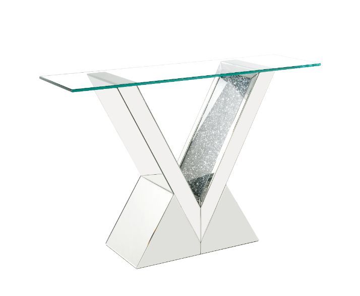 Brighten up your space with this stunning console table. With its distinctive V shaped pedestal base, this table is one your friends and family will all be envious of and will be talking about for years to come. The spectacular faux diamond inlay adds the