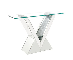 Brighten up your space with this stunning console table. With its distinctive V shaped pedestal base, this table is one your friends and family will all be envious of and will be talking about for years to come. The spectacular faux diamond inlay adds the