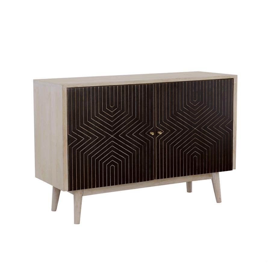 Add a bold statement to your space with this two-door accent cabinet, showcasing a striking black and gold geometric design against a whitewashed mango wood frame. The solid mango wood construction ensures durability, while the gold inlay diamond pattern 