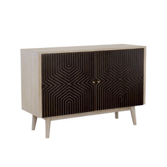 Add a bold statement to your space with this two-door accent cabinet, showcasing a striking black and gold geometric design against a whitewashed mango wood frame. The solid mango wood construction ensures durability, while the gold inlay diamond pattern 