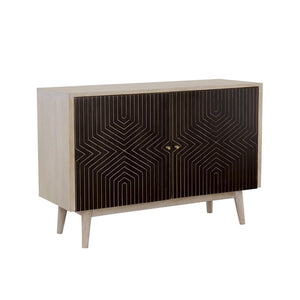 Add a bold statement to your space with this two-door accent cabinet, showcasing a striking black and gold geometric design against a whitewashed mango wood frame. The solid mango wood construction ensures durability, while the gold inlay diamond pattern 