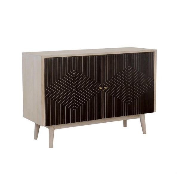 Add a bold statement to your space with this two-door accent cabinet, showcasing a striking black and gold geometric design against a whitewashed mango wood frame. The solid mango wood construction ensures durability, while the gold inlay diamond pattern 
