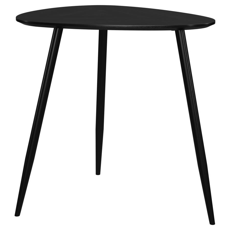 Introduce a modern flair to your living room or den with this sleek wooden end table. Finely crafted from solid mango wood, its deep black finish enhances its timeless elegance. The triangular tabletop features rounded corners, lending a softened, contemp