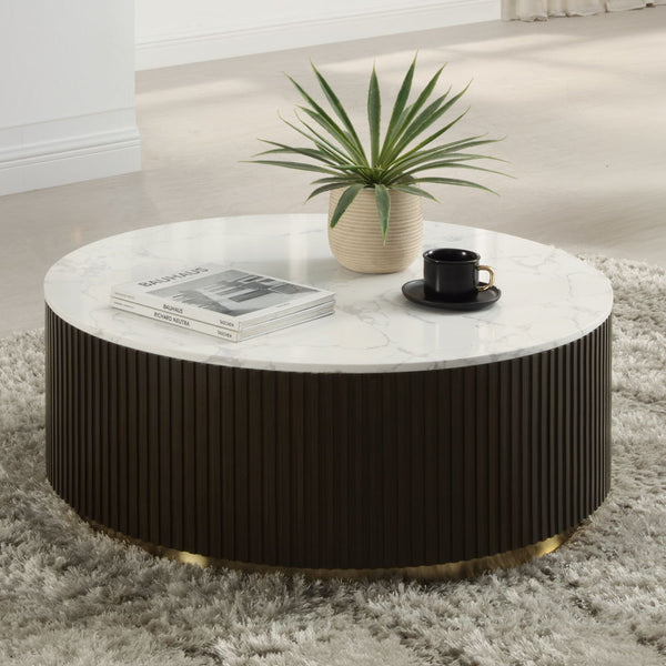 Elevate your living space with the Clayten table set, where modern design meets timeless elegance. Featuring luxurious marble tops and fixed table surfaces, each piece is accented with sleek metal trim for added sophistication. Perfect for contemporary ho