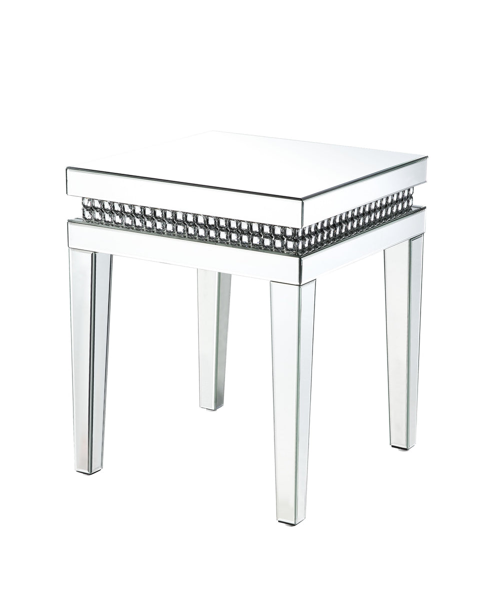 Shining in the Hollywood glamour style, the Lotus End Table will be an ultimate statement piece for your dreamy living room. This mirrored furniture features reflective surface for a multi-layered look, with decorative faux crystals enhancing its modern a