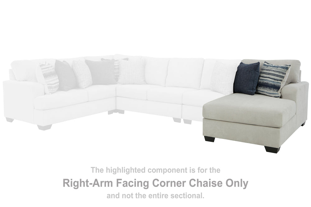This right-arm facing corner chaise is made with polyester upholstery. Pairs with other items in the series to make a sectional.<br><br><b>Additional Dimensions</b><br><ul><li>Arm height: 26-"</li><li>Seat depth: 21-"</li><li>Seat height: 21-"</li><li>Top
