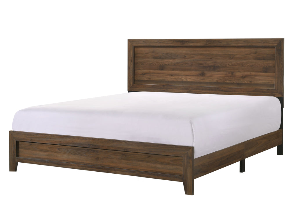 This bedroom set offers a minimalist design with a nod to rustic aesthetics, perfect for creating a serene and uncluttered space. The straightforward lines of the bed frame, combined with the rich wood finish, exude a sense of calm and earthiness. The acc