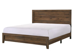 This bedroom set offers a minimalist design with a nod to rustic aesthetics, perfect for creating a serene and uncluttered space. The straightforward lines of the bed frame, combined with the rich wood finish, exude a sense of calm and earthiness. The acc