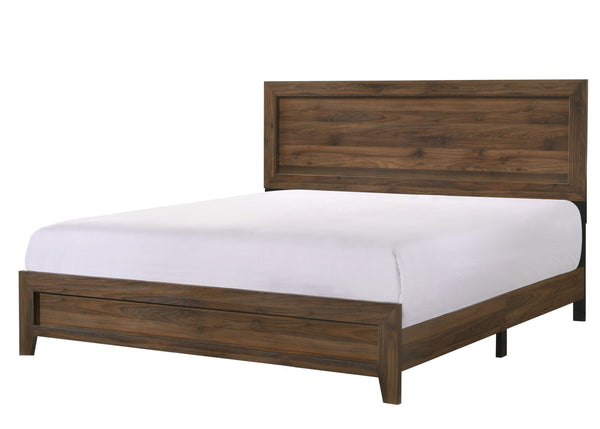 This bedroom set offers a minimalist design with a nod to rustic aesthetics, perfect for creating a serene and uncluttered space. The straightforward lines of the bed frame, combined with the rich wood finish, exude a sense of calm and earthiness. The acc