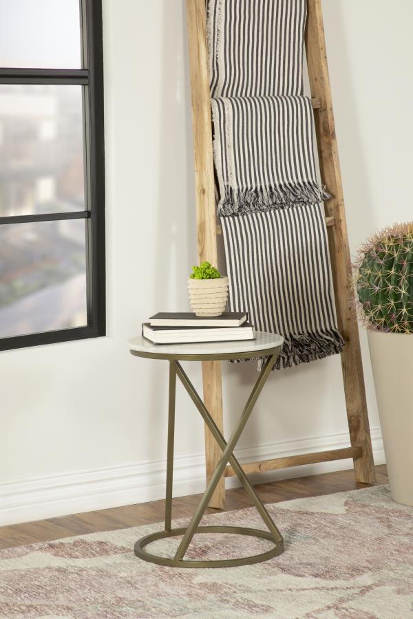  this round accent table features a solid white marble top