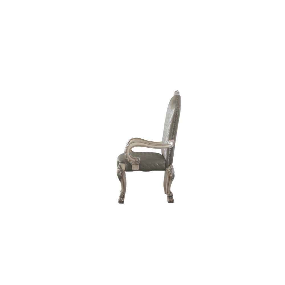 KD, Arm Chair (High Backrest) Stationary Seat: Standard Dining Height Padded SEAT & BACK: PU Padded Scalloped Apron Seat (Diamond Pattern & Welt Trim) Arched Backrest: Diamond Pattern Inside, Floral Crown & Nail-head Trim Armrest: Scrolled with Floral Mot