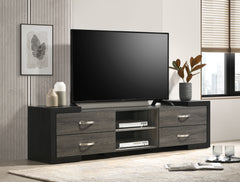 Discover the epitome of modern elegance with this stylish entertainment console, a perfect blend of contemporary design and functionality. Crafted with sleek, dark tones and complemented by bold black accents, this console exudes a sophisticated charm tha