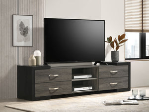 Discover the epitome of modern elegance with this stylish entertainment console, a perfect blend of contemporary design and functionality. Crafted with sleek, dark tones and complemented by bold black accents, this console exudes a sophisticated charm tha