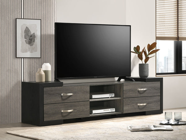 Discover the epitome of modern elegance with this stylish entertainment console, a perfect blend of contemporary design and functionality. Crafted with sleek, dark tones and complemented by bold black accents, this console exudes a sophisticated charm tha