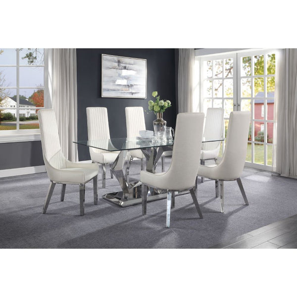  and absolutely unique! This stainless steel and clear glass table features a supportive base with an unusual X-shape. The matching chairs feature comfortable padding