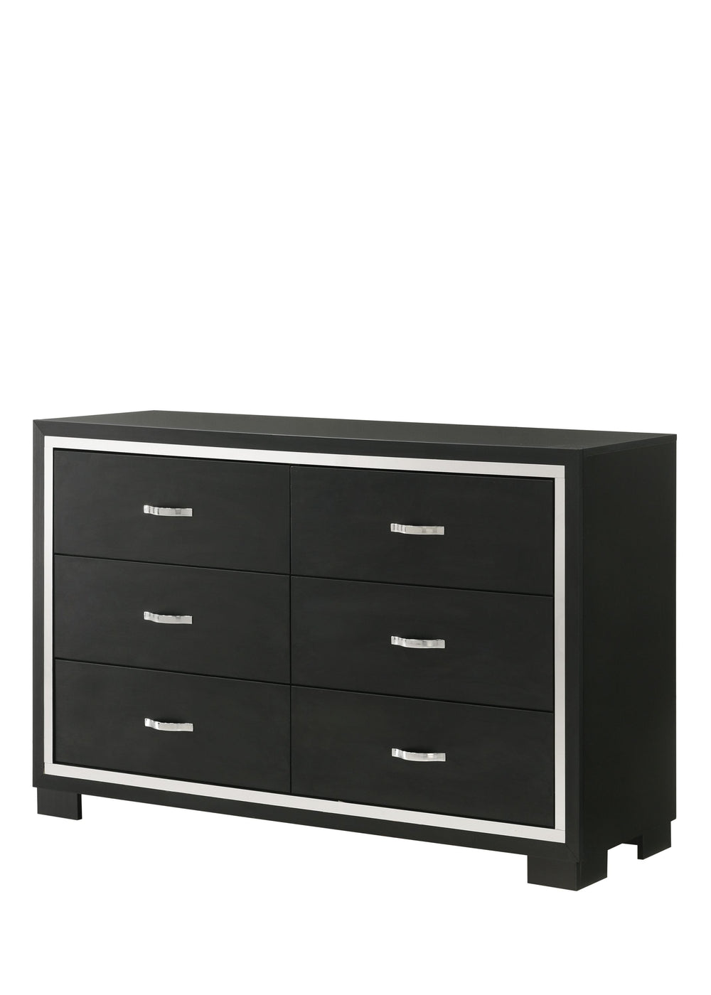 This bedroom collection strikes a balance between bold and classic styles. It features a striking bed with a high, textured headboard that commands attention. The accompanying case goods, including a dresser with a mirror, chest, and nightstand, are all f