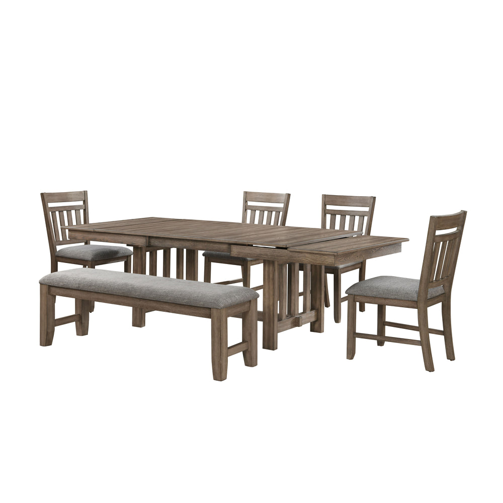 The Harrisburg 5-Piece Dining Set, meticulously crafted from solid rubberwood, manufactured woods, and oak veneers, is designed for longevity and style. It includes a robust dining table, four side chairs, and a spacious dining bench, all finished in a ri