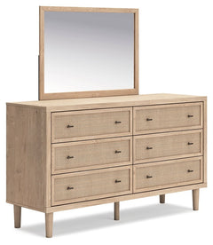 Clean-lined and contemporaryâ€”but far from starkâ€”this dresser with mirror is a fresh style awakening. Pairing a light finish with replicated oak grain and textured beige details that replicate the look of cane, its mixed materials bring a naturally ver
