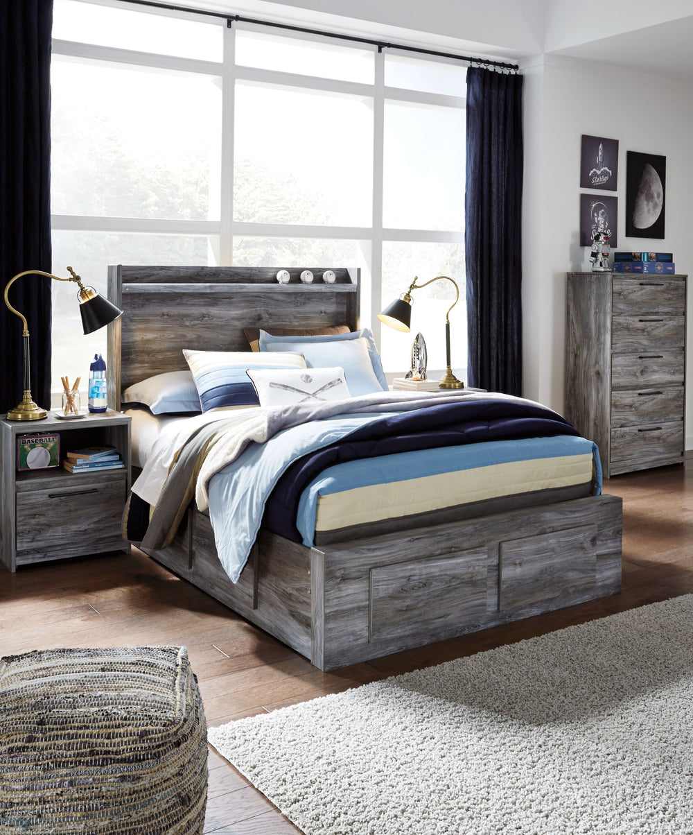 Rest in the casually cool style of this full panel storage bed. Its driftwood and smoky finish and cool LED lighting give this bed an easy-going vibe perfect for setting the scene of a relaxed getaway. Keeping everything neat and tidy, four smooth-gliding