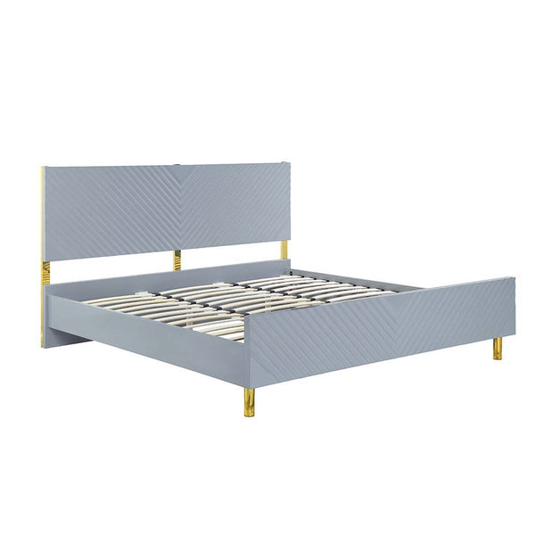 The Gaines Collection is a glamorous and sophisticated grouping that adds a chic style to any room. The gray gloss finish and gold metal accents help to accentuate the clean lines of the pieces and add a pop of glamour. The diagonal line design adds visua