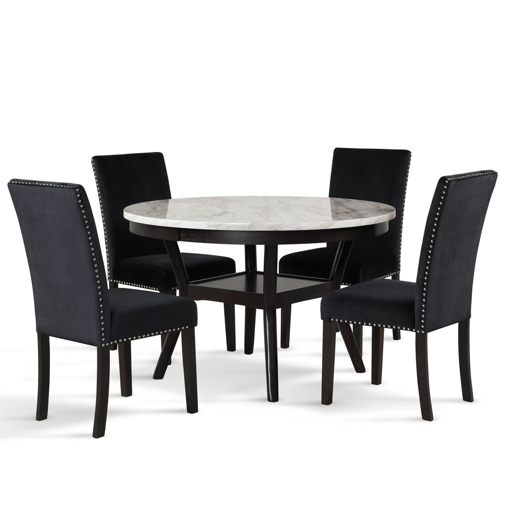 The Celeste 5-Piece Dining Set is an exquisite combination of modern sophistication and enduring craftsmanship. This set includes a chic round table with an espresso base and a faux marble top, accompanied by four stunning black velvet chairs. Crafted fro