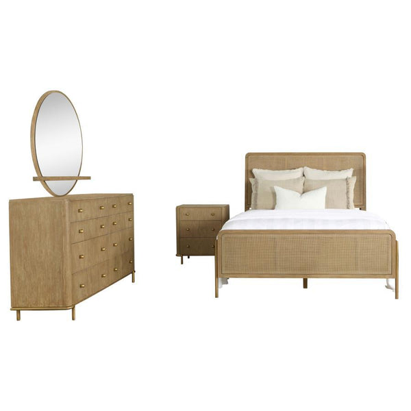  sand wash finish across its woven cane panel bed and matching pieces. Woven cane panels offer a vintage feel along with soft
