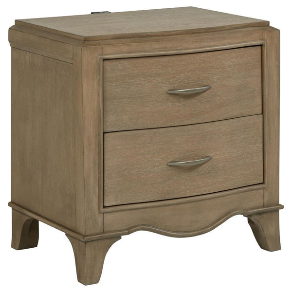 This French Provincial-inspired nightstand blends classic elegance with modern convenience. Crafted from solid poplar, engineered wood, and mango veneer, it showcases a washed mango finish that highlights the natural wood grain. Two spacious drawers provi