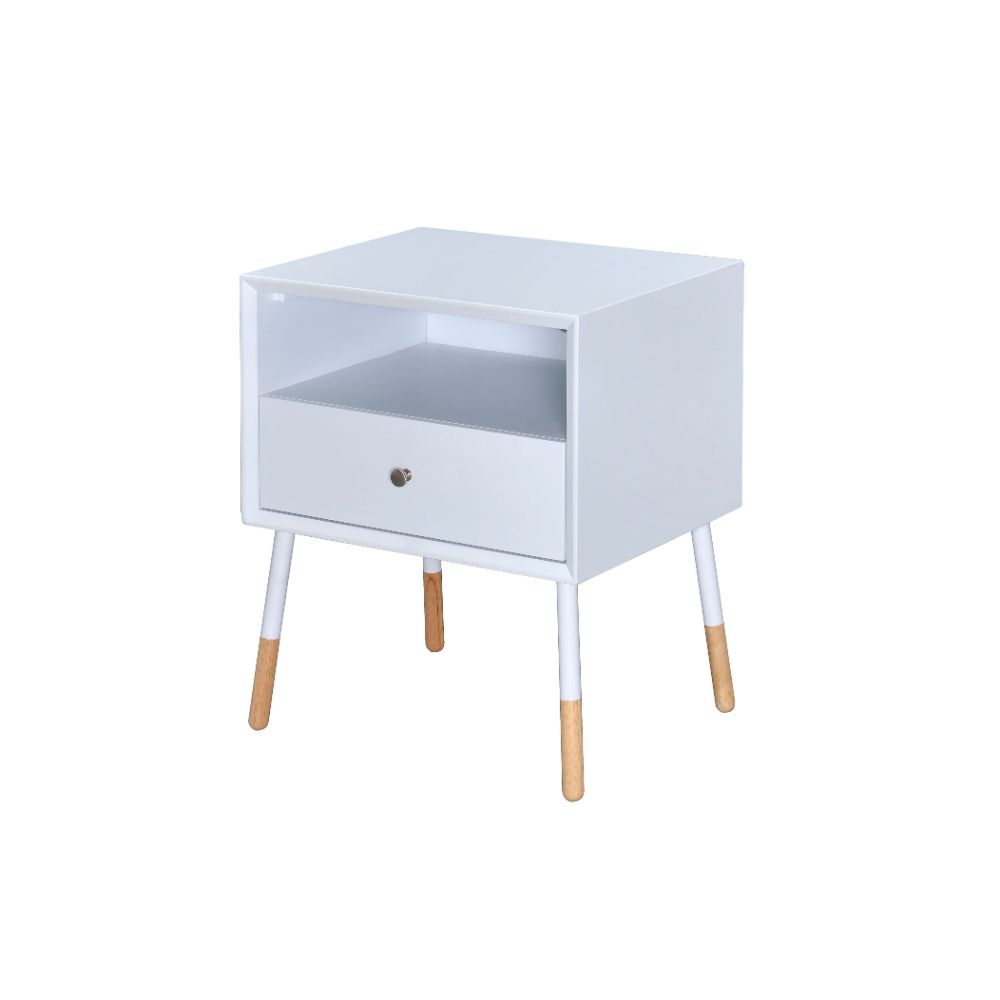 The Sonria II end table offers a contemporary take on a stylish retro design, ideal for your living room, family room, or bedroom. With its open storage compartment and bottom pull out drawer, you can conveniently store your remote controls, magazines, or