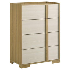 Add a touch of modern elegance to your bedroom with this stylish four-drawer chest. Inspired by contemporary Italian design, this chest features a sleek blend of natural wood tones and crisp white panels crafted from durable, easy-care melamine. The drawe
