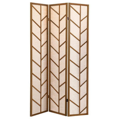 Soften a corner or break up a spacious room with this three-panel folding screen. With a mixed material design, each of the three screens are framed in a solid pine wood in a warm walnut finish, complete with a feather-like motif. Ideal for adding a rusti