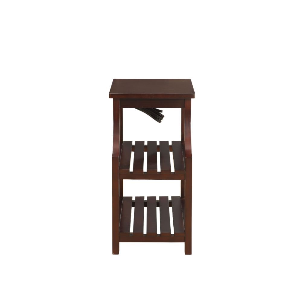 The Wasaki side table will be a great addition to your sofa collection with its sweeping front posts and slatted shelves for storage. The smaller top allows for easy access to the middle shelf. The two slat shelves is the perfect place to showcase your bo