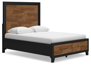 Experience the captivating allure of this queen panel storage bed, an effortless blend of casual and refined aesthetics. Its two-tone finish combines satin black with a rich brown wood tone for a modern, relaxed vibe that you-'ll love waking up to. Perfec