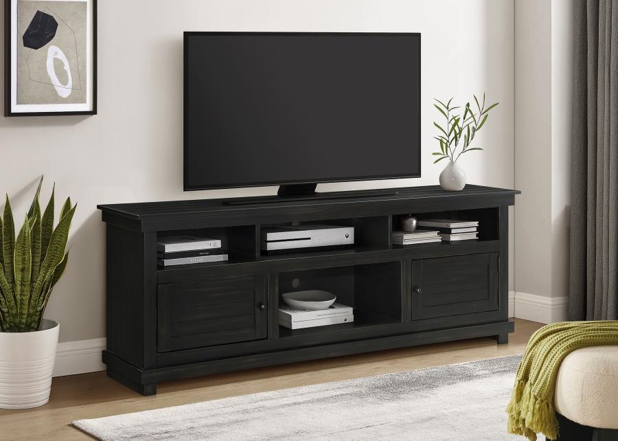 Introduce expansive storage underneath your flat panel television with this modern farmhouse TV stand. It-'s a wooden design with roughhewn details that offer charming texture and casual allure in your living room or den. Two cabinets offer decorative doo