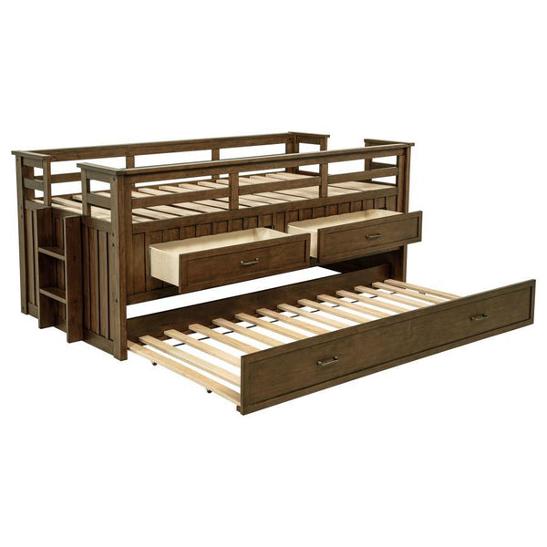 This captain-'s bed delivers a practical and stylish solution for children-'s rooms or compact spaces. Crafted from pine wood, plywood, and MDF, it features guardrails for added safety, a built-in ladder for easy access, and a bold finish that enhances it