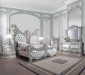 Characterized with button-tufted upholstery, intricate scrollwork, and lustrous finish, the Valkyrie Bedroom Collection provides the feeling of luxury and sophistication. Ornate carvings with floral scroll design on each piece boast extravagant silhouette