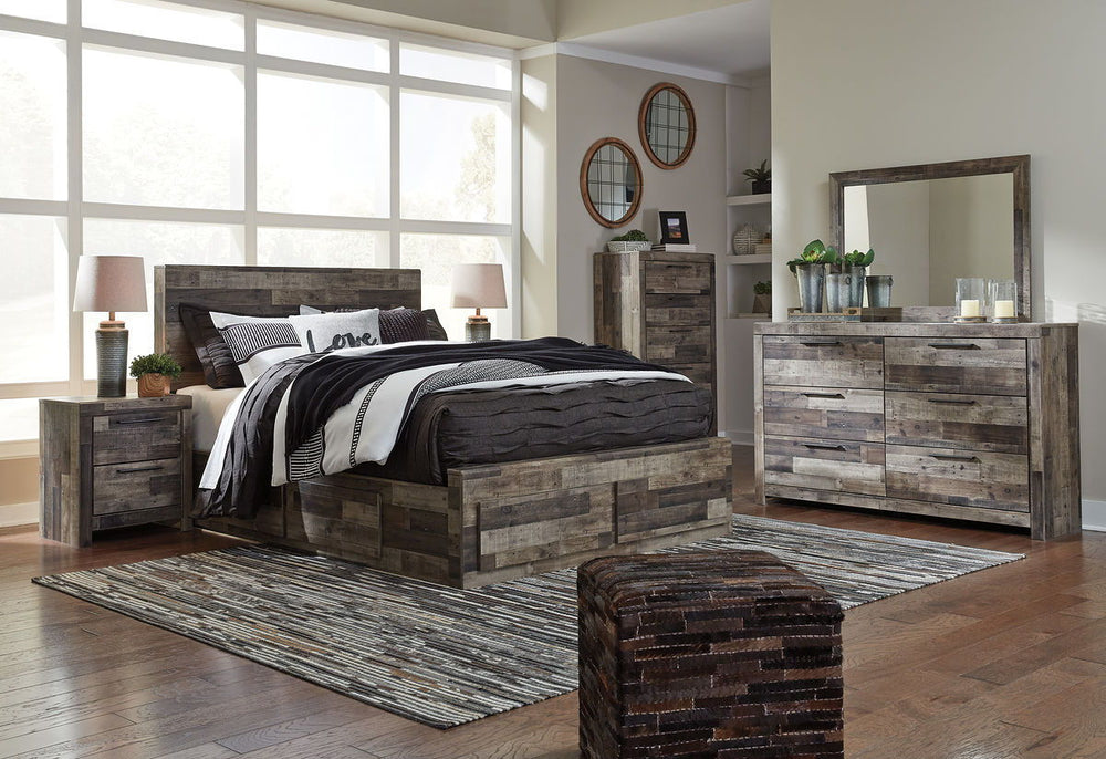 Rustic butcher block finish over replicated pine grain with authentic touch. Cases feature a framed front and pilasters. Bed features a thick and heavy design. Contemporary handles in an antiqued gunmetal finish. Side roller glides for smooth operating dr