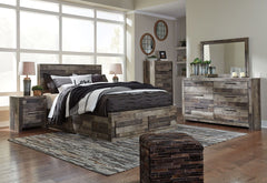 Rustic butcher block finish over replicated pine grain with authentic touch. Cases feature a framed front and pilasters. Bed features a thick and heavy design. Contemporary handles in an antiqued gunmetal finish. Side roller glides for smooth operating dr