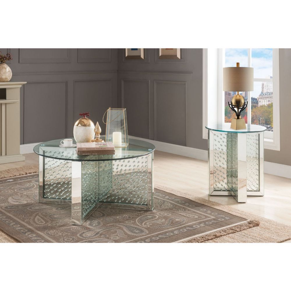 Assambled, Round Coffee Table â€¢ NO Storage â€¢ Glass Top & Mirrored Finish: Beveled with Faux Crystal Inlay â€¢â€¢ CONSTRUCTION â€¢â€¢ Glass Top: 4mm Clear Tempered Glass (Fixed Top/No Apron) â€¢ Mirrored Pedestal: -"X-" Shape Panels with Faux Crystal I