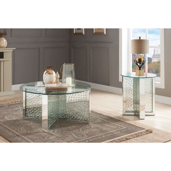  Round Coffee Table â€¢ NO Storage â€¢ Glass Top & Mirrored Finish: Beveled with Faux Crystal Inlay â€¢â€¢ CONSTRUCTION â€¢â€¢ Glass Top: 4mm Clear Tempered Glass (Fixed Top/No Apron) â€¢ Mirrored Pedestal: -"X-" Shape Panels with Faux Crystal I