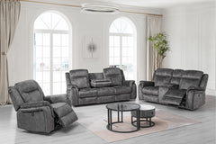 The Park City 3-Piece Power Motion Upholstery Set in Gray combines sleek style, premium comfort, and modern functionality to create the ultimate lounging experience. This set includes a power dual reclining sofa, console loveseat, and glider recliner, eac