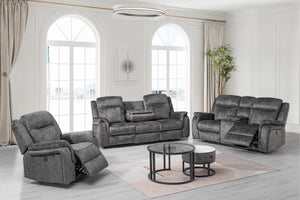 The Park City 3-Piece Power Motion Upholstery Set in Gray combines sleek style, premium comfort, and modern functionality to create the ultimate lounging experience. This set includes a power dual reclining sofa, console loveseat, and glider recliner, eac