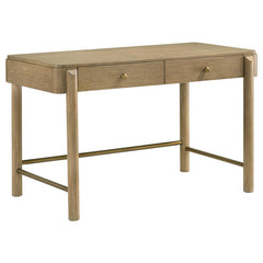 Complete your bedroom or living area with a multi-functional modern coastal vanity desk with a hint of glam personality. Its soft sand finish is rich but neutral, complementing in virtually any setting and showcasing wood grain details. Two drawers create