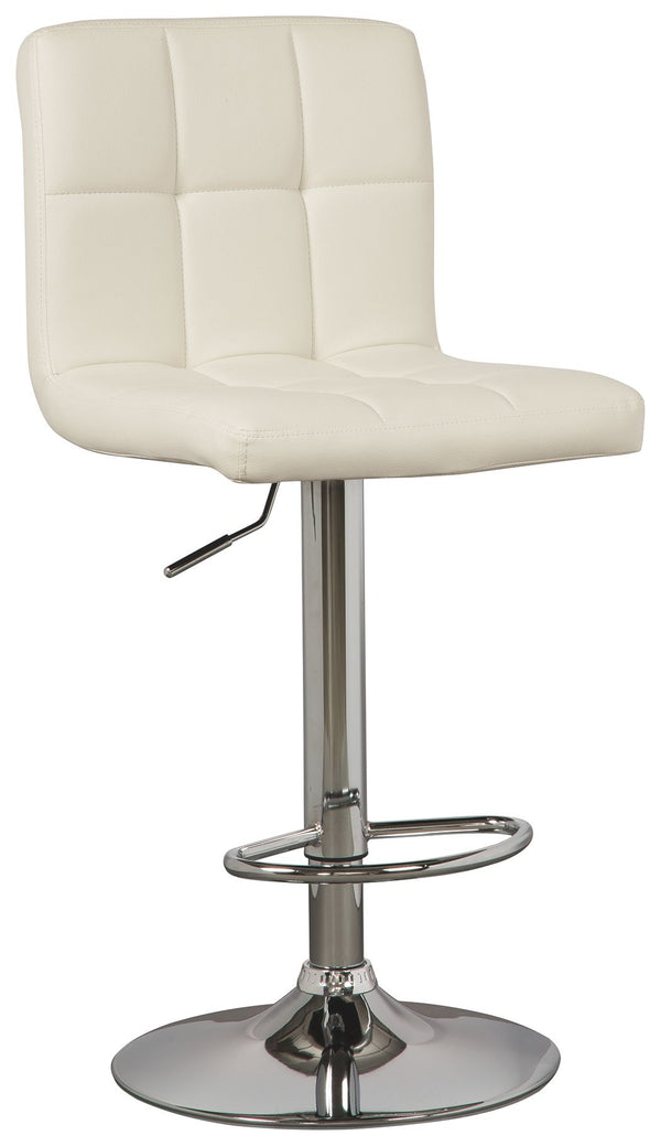 Here-'s a bar stool that rises to the occasion. It is sleek and modern with a chrome-tone finish. Square-tufted, bone-colored faux leather upholstery makes this bar stool pop. It easily adjusts from counter to pub height making it as versatile as it is at