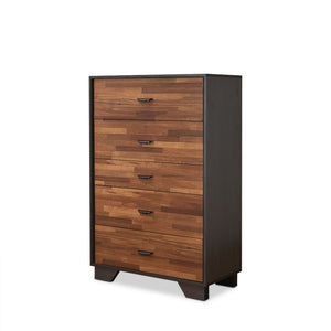 This beautiful Eloy chest of drawers boasts of contemporary style, five drawers with metal drawer handles. Crafted with multi shades of walnut and espresso, the raw wood texture enhances this dresser-'s sleek style and the drawers provide plenty of storag